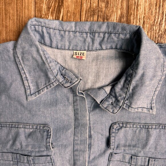 Vtg Denim Long Sleeve Romper Womens XS Button Drawstring Shorts Cowgirl Western - Picture 8 of 8